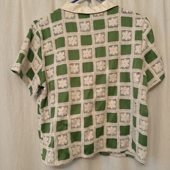 Flat White By Anthropologie Green And White Checker Crochet Button-Up Top Sz L - Picture 4 of 5